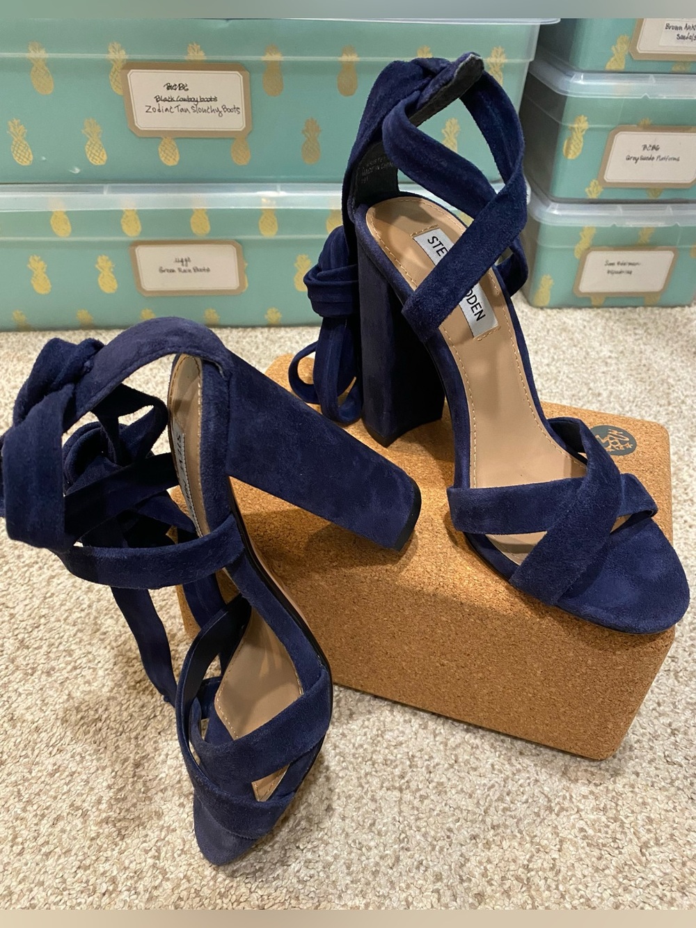 Steve Madden Christey Navy Suede Ankle Wrap Block Heel Sandals, Sz. 6